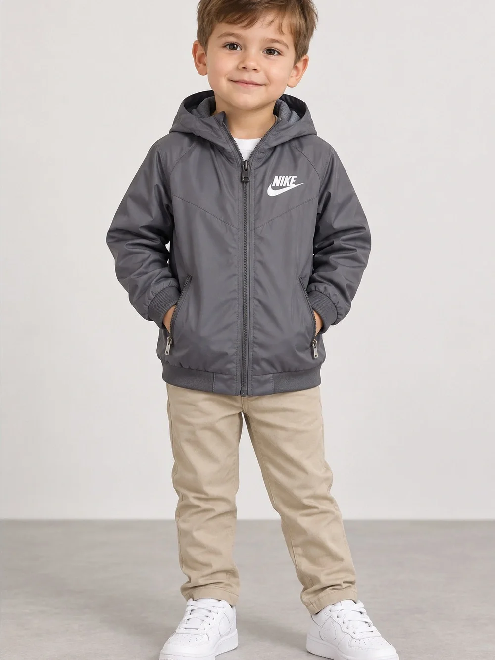 Nike Kids Gray Hooded Rain Jacket with White Logo